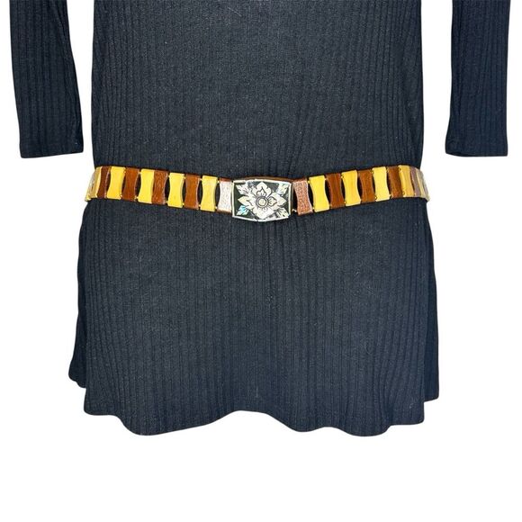 Vintage Enamel Wood Floral Buckle Belt Retro 70s Link Waist Belt Boho Festival - Picture 2 of 3